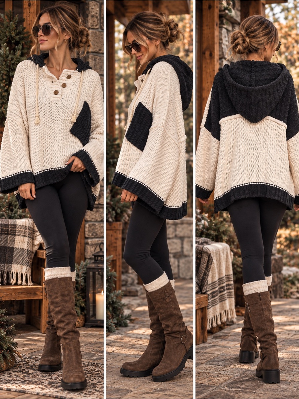 POL Clothing Oversized Chenille Hooded Sweater Black Ivory Oversized Large NWOT